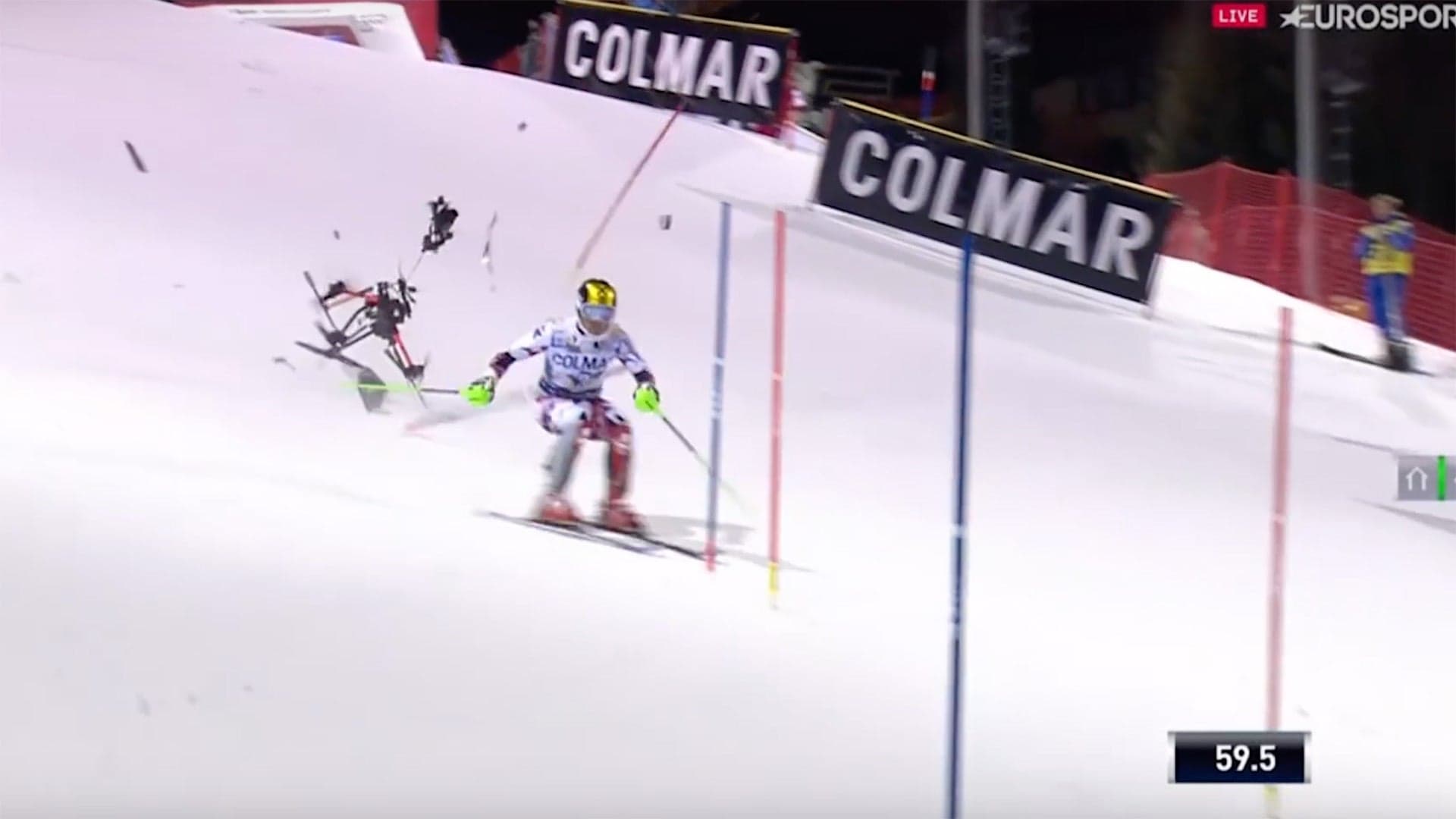 Watch This Giant Drone Crash Right Behind an Unsuspecting Skier