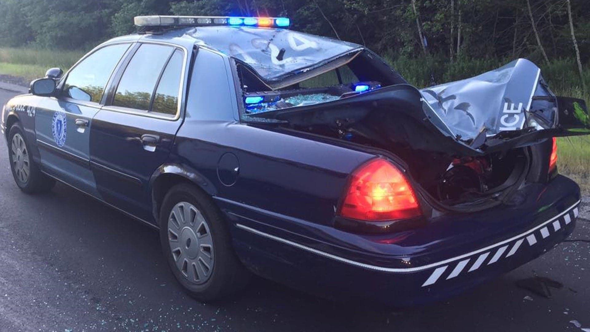 Massachusetts State Police Cruiser Smashed By Detached Truck Wheels