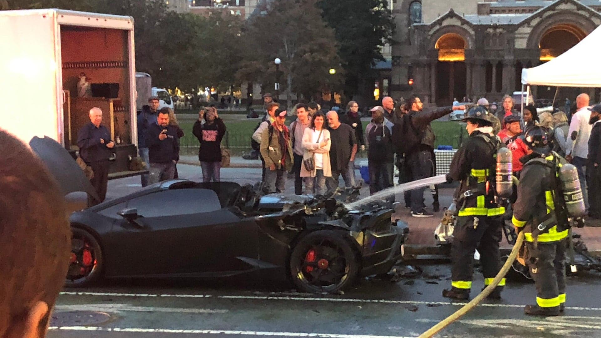 Watch a Lamborghini Huracan Burn in Front of the Boston Public Library