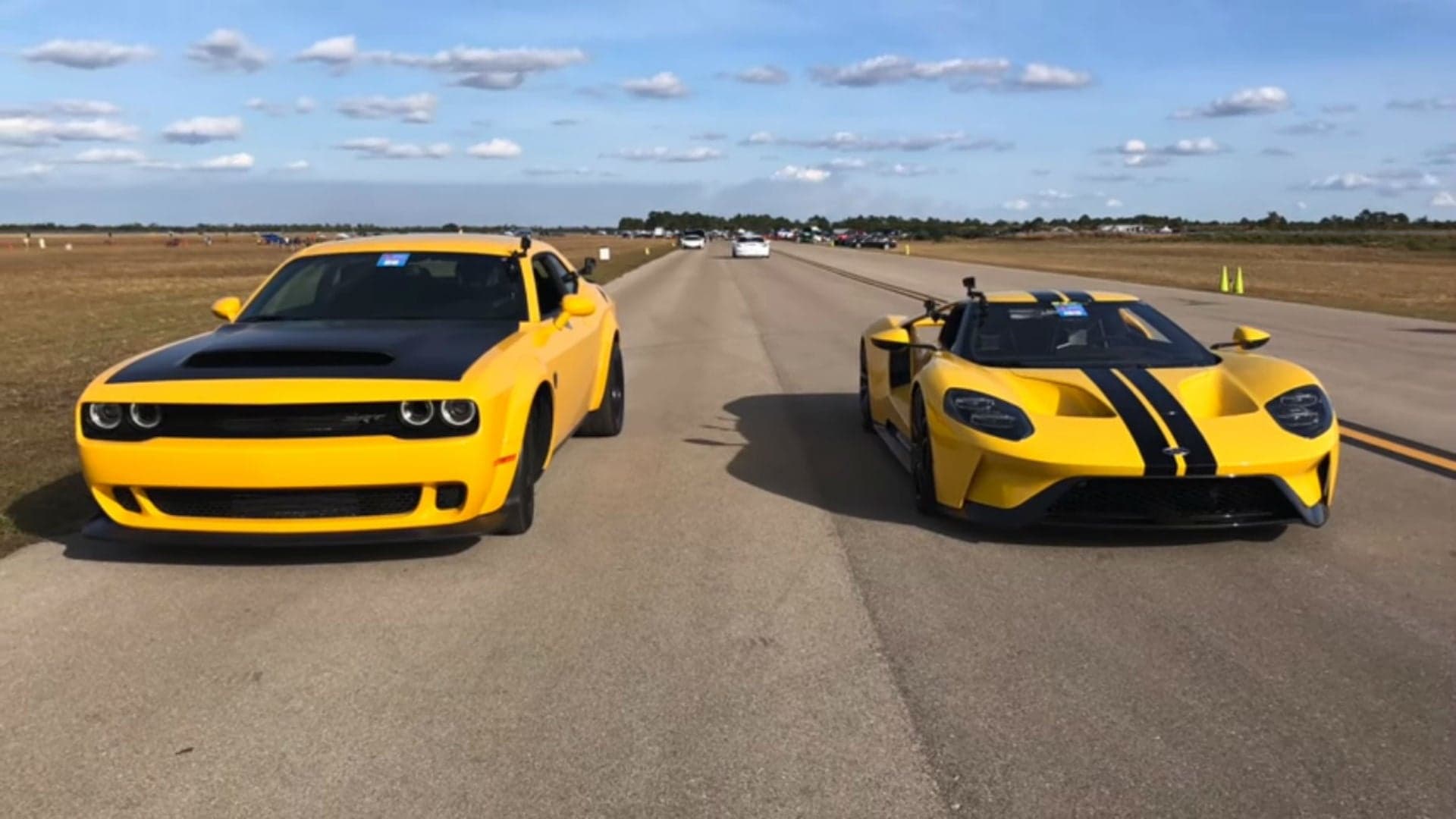 Watch a 2018 Ford GT Face Off Against the Dodge Challenger Demon in a Half-Mile Drag Race