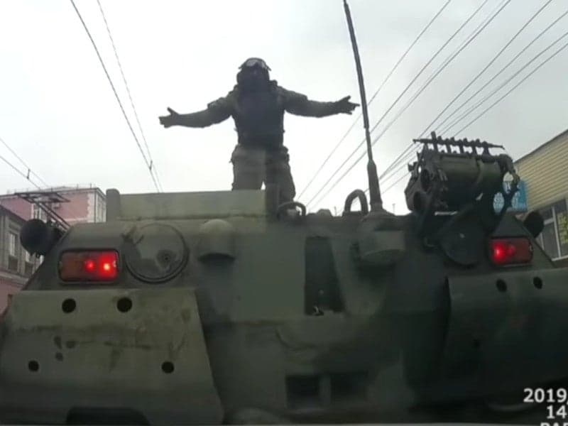 Fender Bender Russian Style Leaves Four Cars Smashed Between Two BTR-80 Armored Vehicles