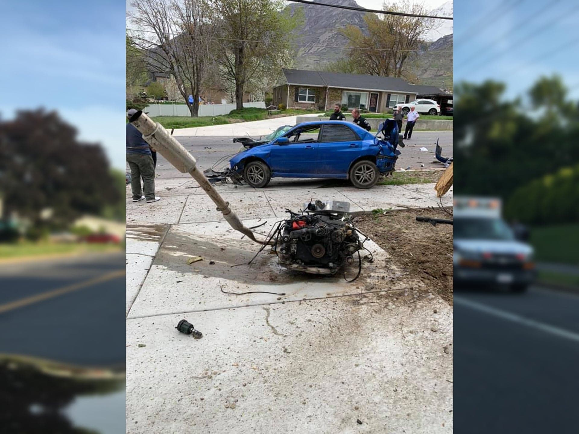 High-Speed Crash Launches Whole Subaru WRX Engine and Transmission Into Nearby Yard