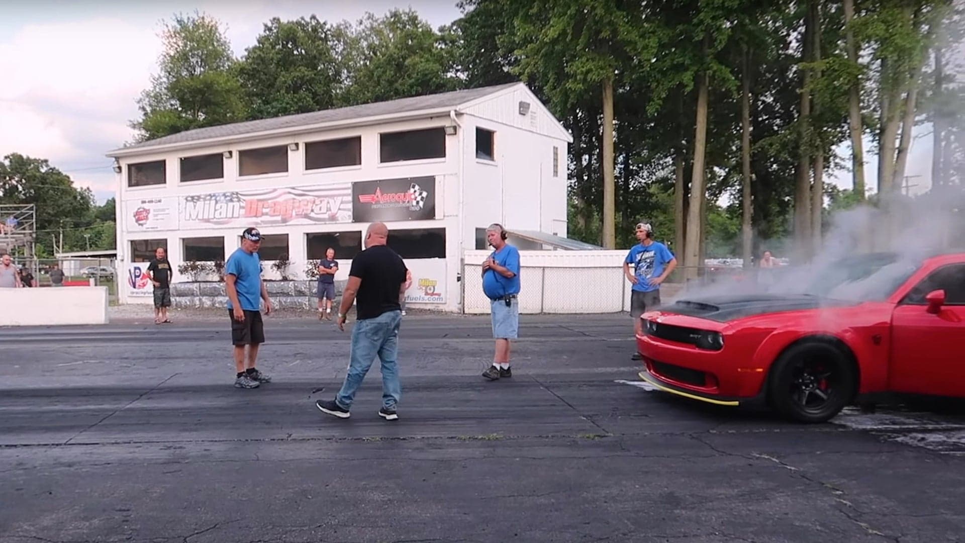 Watch as Egos and a Dodge Challenger SRT Demon Erupt in Flames at a Drag Strip