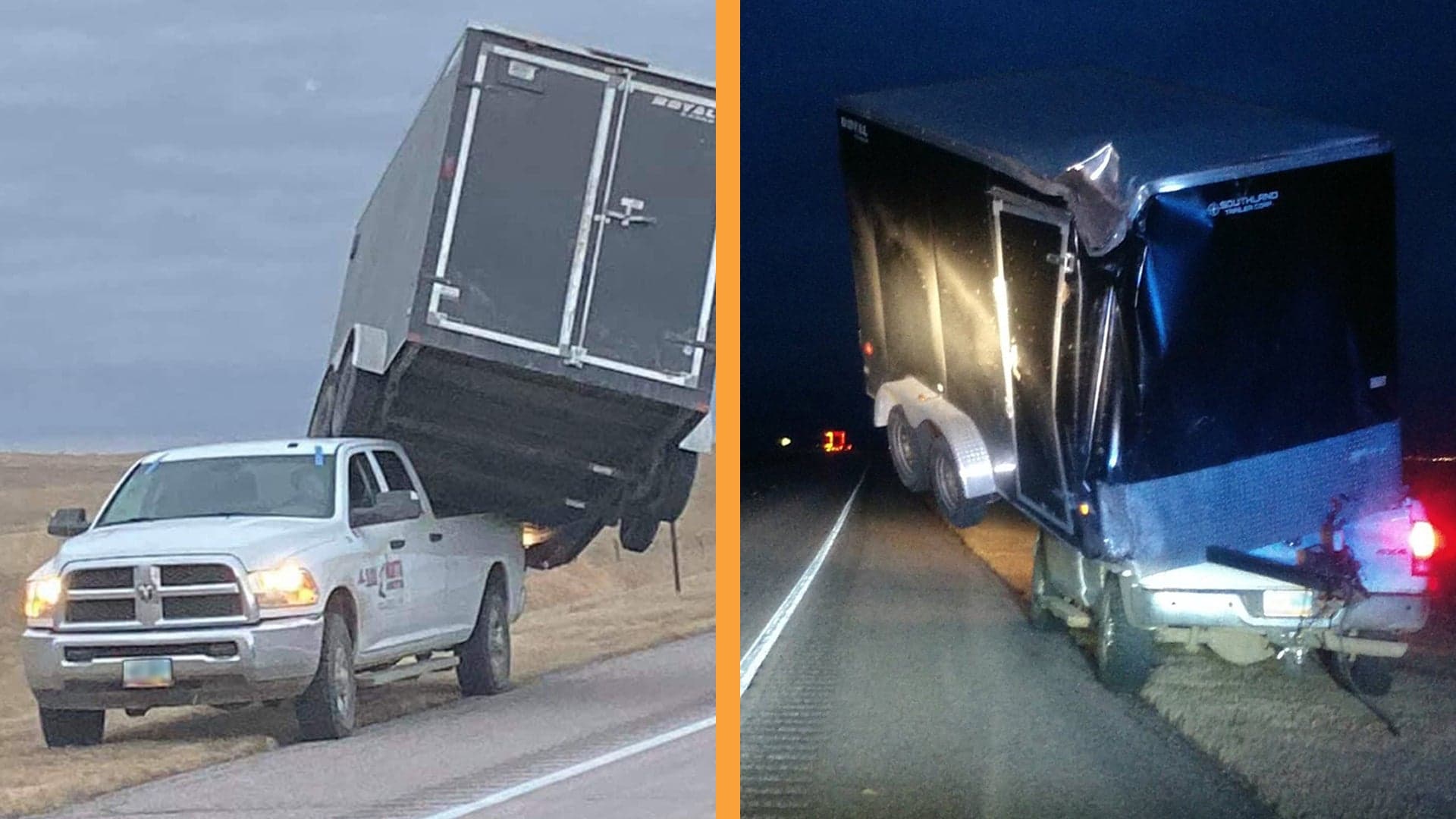 High Winds Blow Trailer Into Bed of Ram Pickup Truck Towing It
