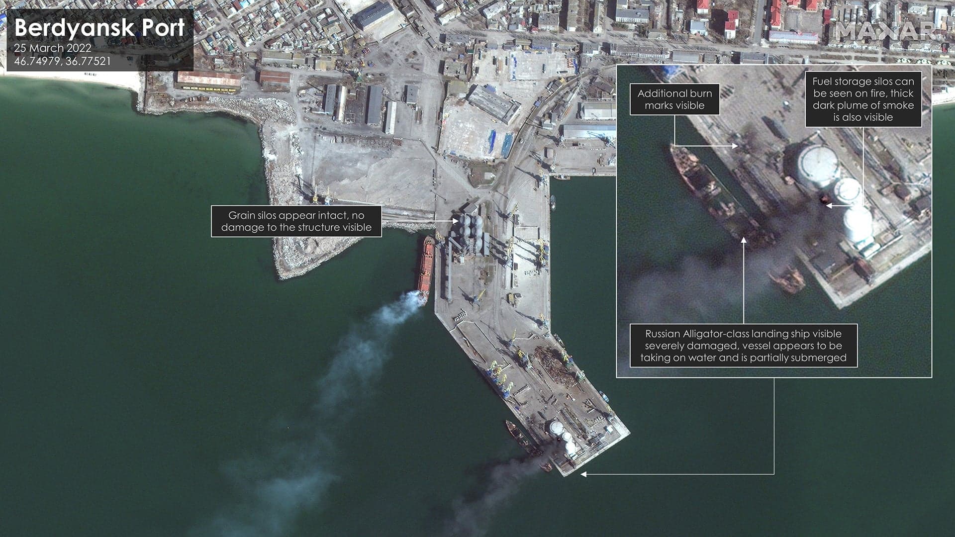 Russian Navy Ship That Exploded In Ukrainian Port Seen Totally Destroyed In Satellite Image