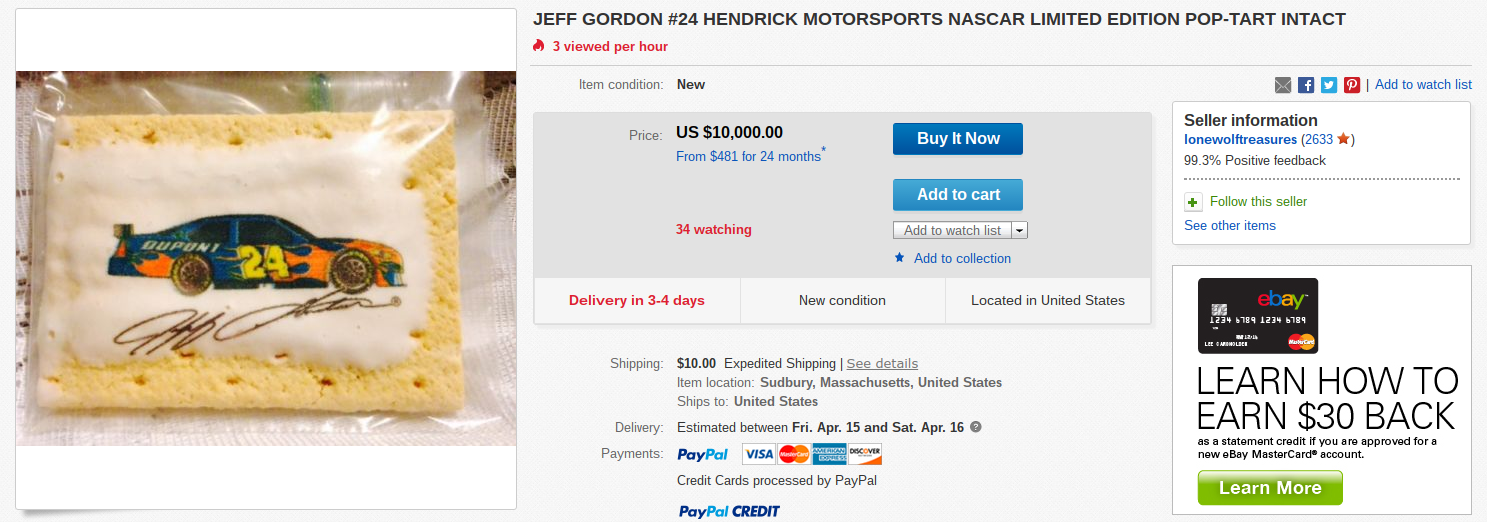 Jeff Gordon NASCAR Edition Pop-Tart on eBay for $10,000