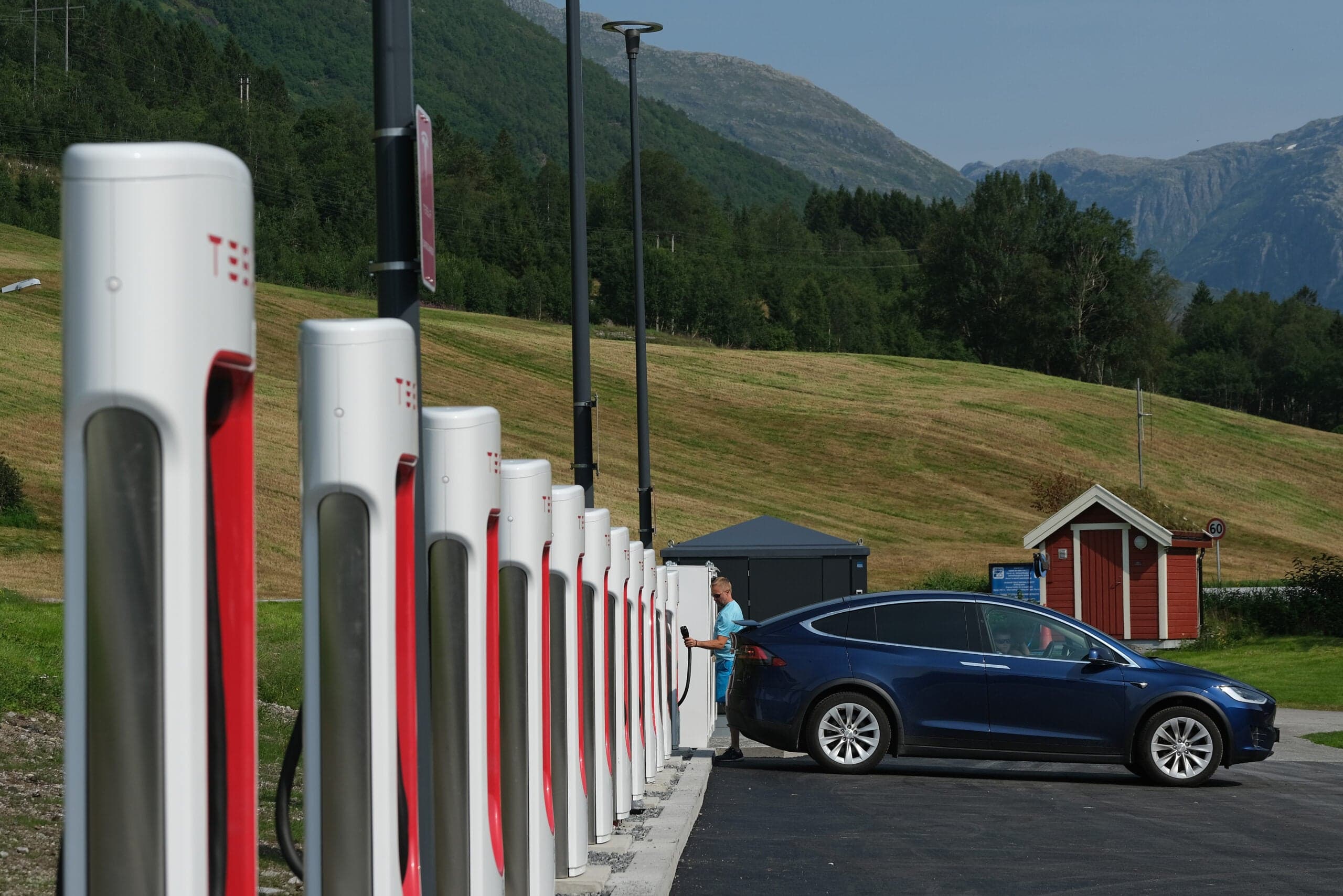 Tesla charging points in a rural Norwegian setting