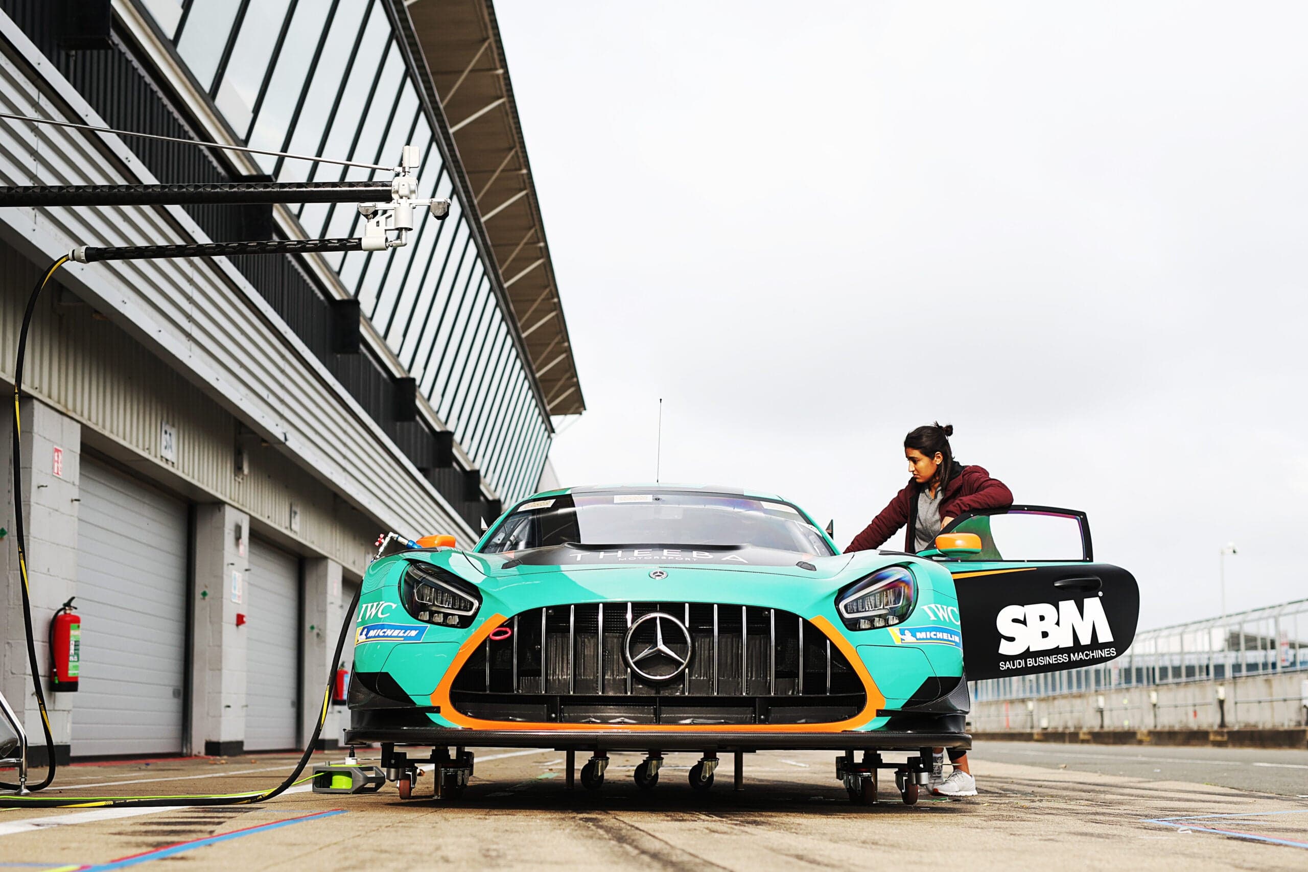 Reema Juffali with the turquoise Theeba Racing Mercedes-AMG GT3 EVO