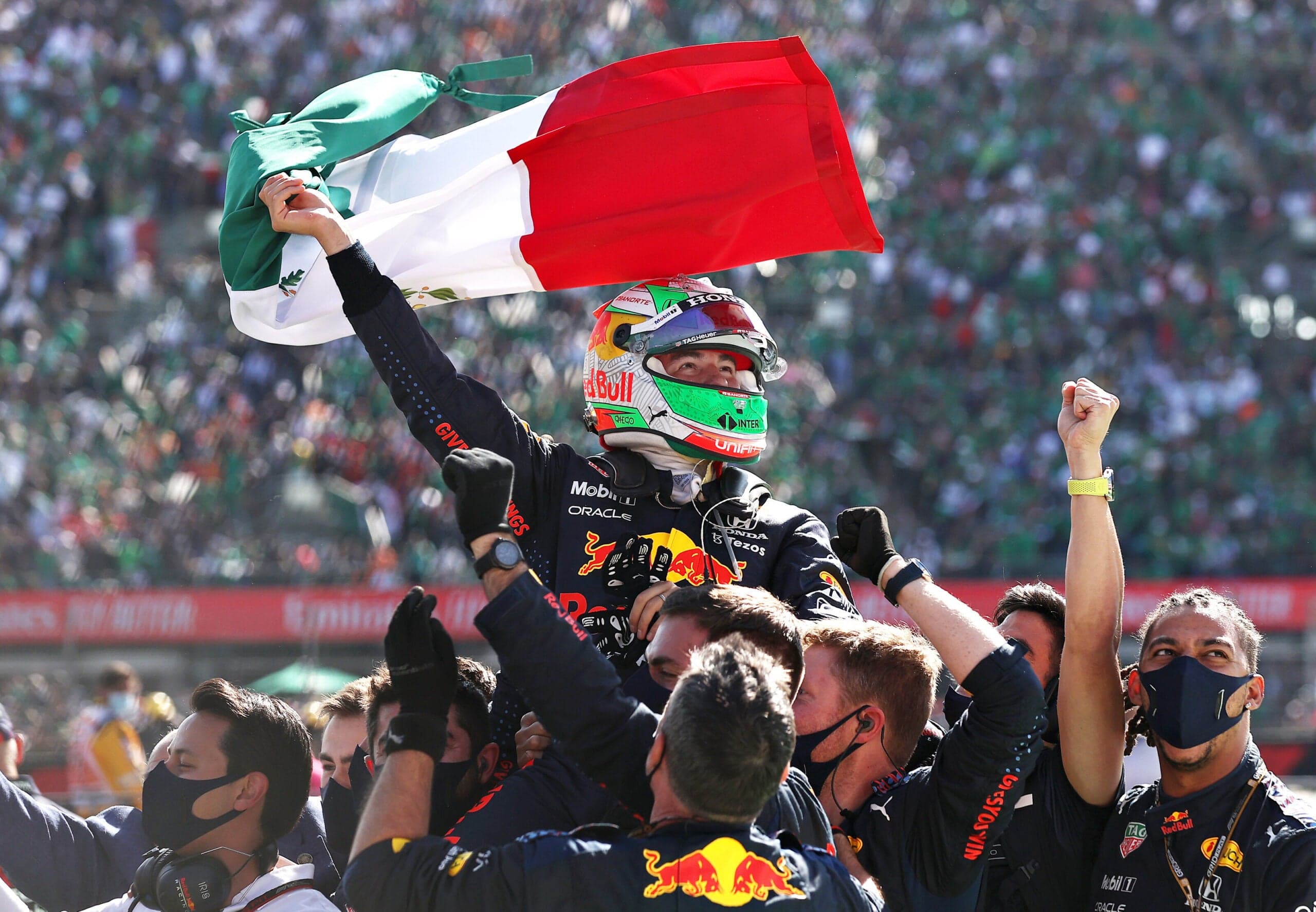 Sergio Perez celebrating a podium result at last year's Mexico Grand Prix
