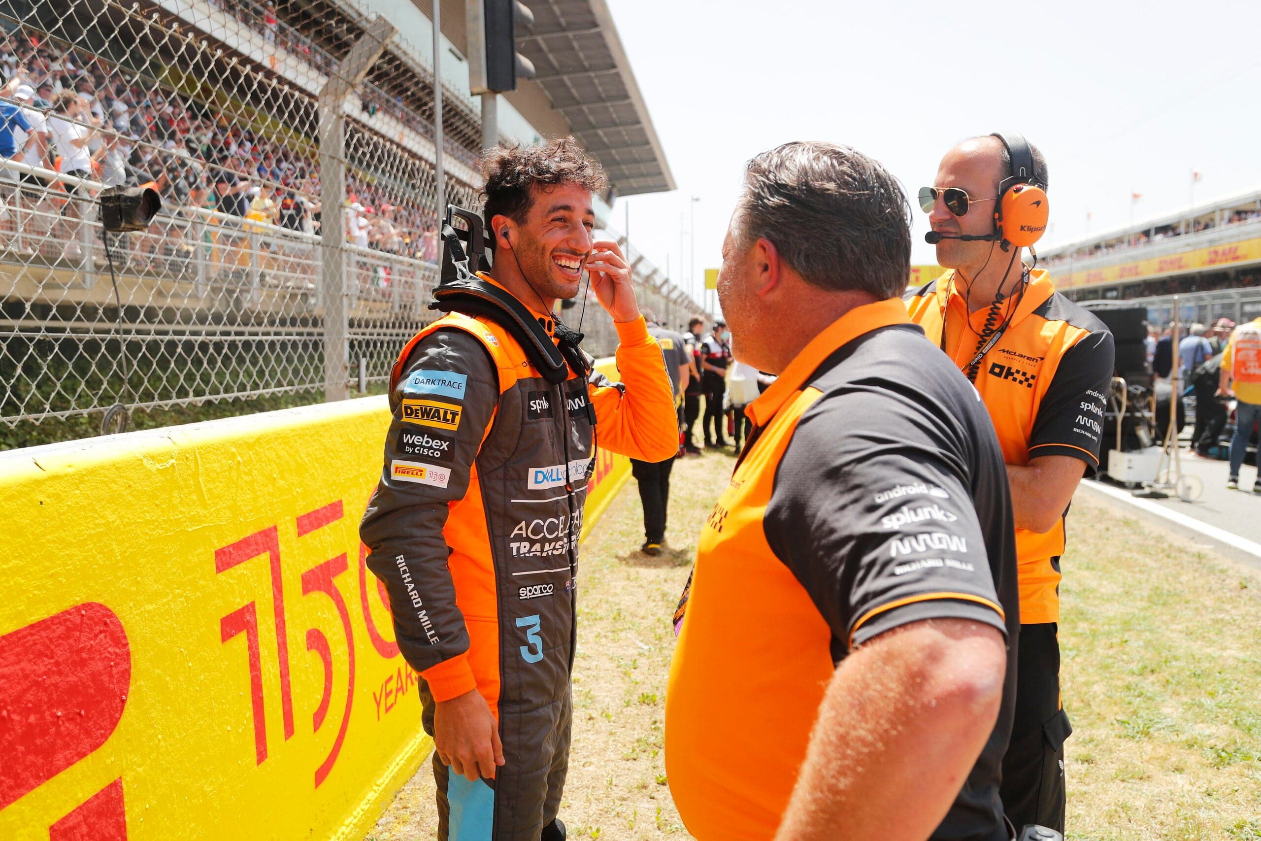 Daniel Ricciardo speaking to McLaren CEO Zak Brown on the grid in Barcelona