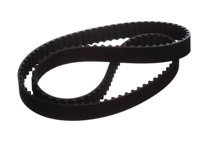A ribbed serpentine belt on a white background