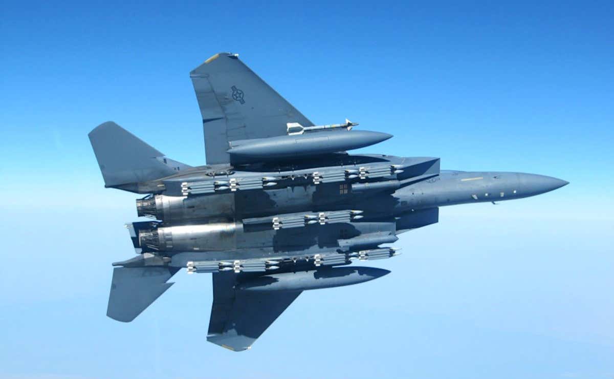 An F-15E Strike Eagle carrying a load of 20 GBU-39/B Small Diameter Bombs. 