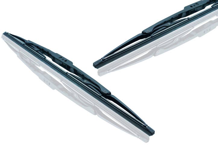 A pair of windshield wiper blades against a white background.