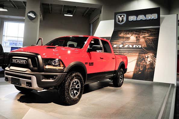 A red RAM 1500 on display at the Washington Auto Show.