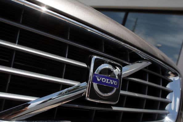 A close-up view of a Volvo automobile sitting on the new car sales lot in Miami, Florida