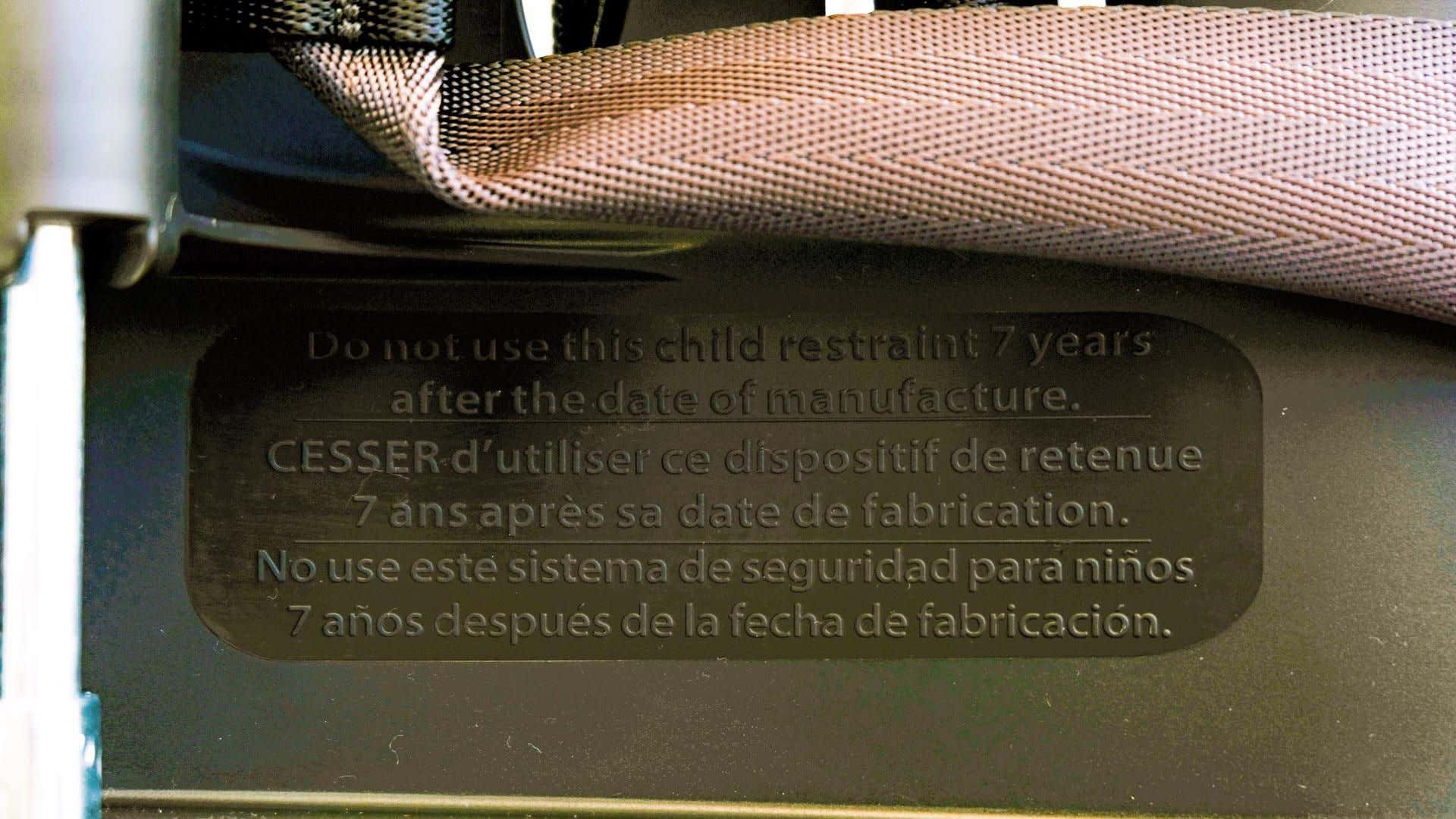 A car seat's expiration date location.