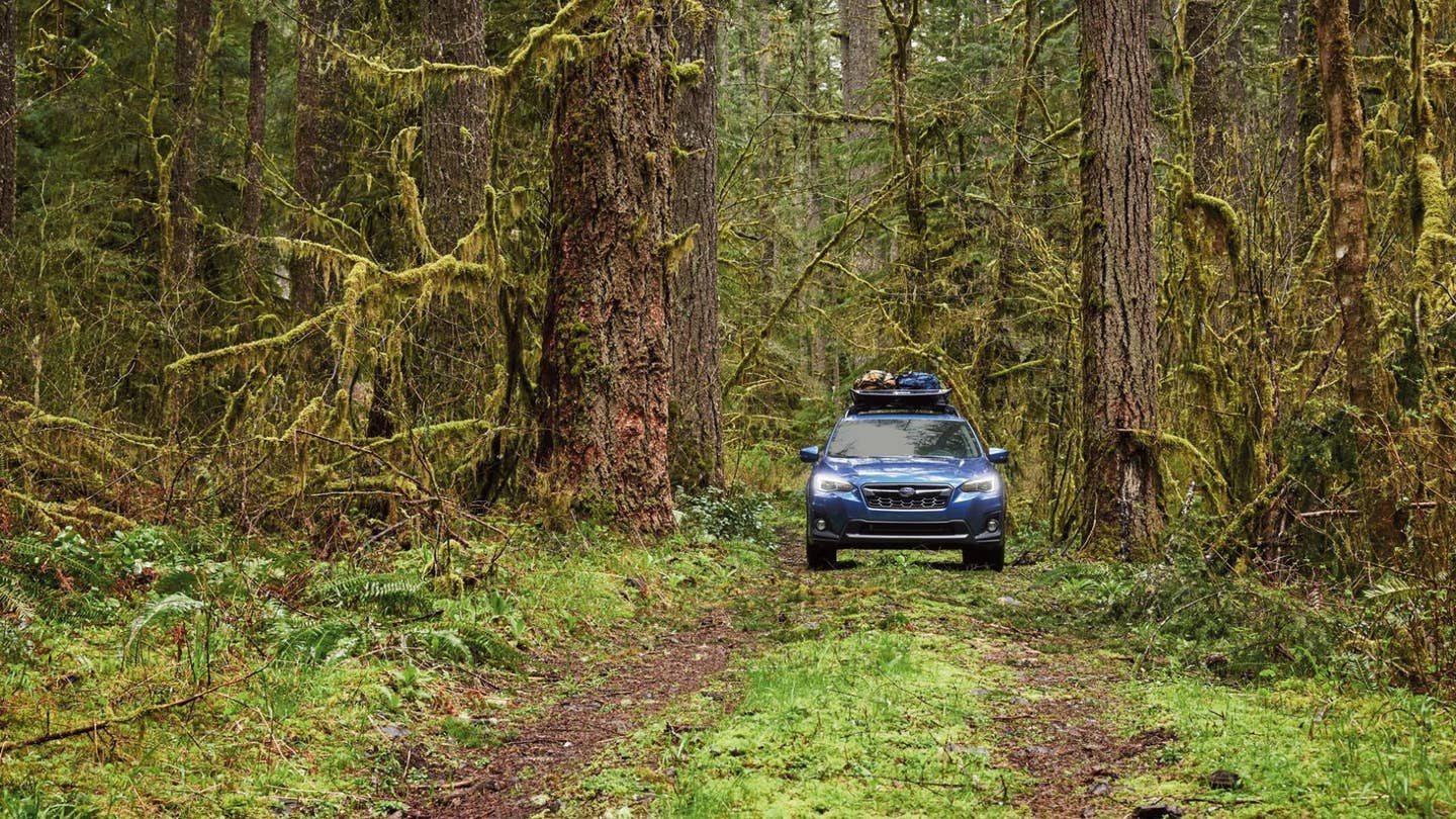 A Subaru Crosstrek looking for a camping spot.