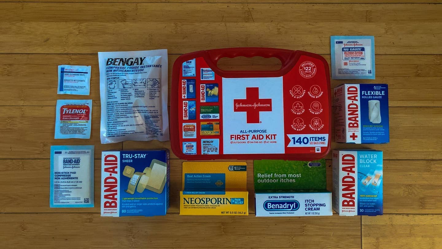 A large first aid with band-aids. 