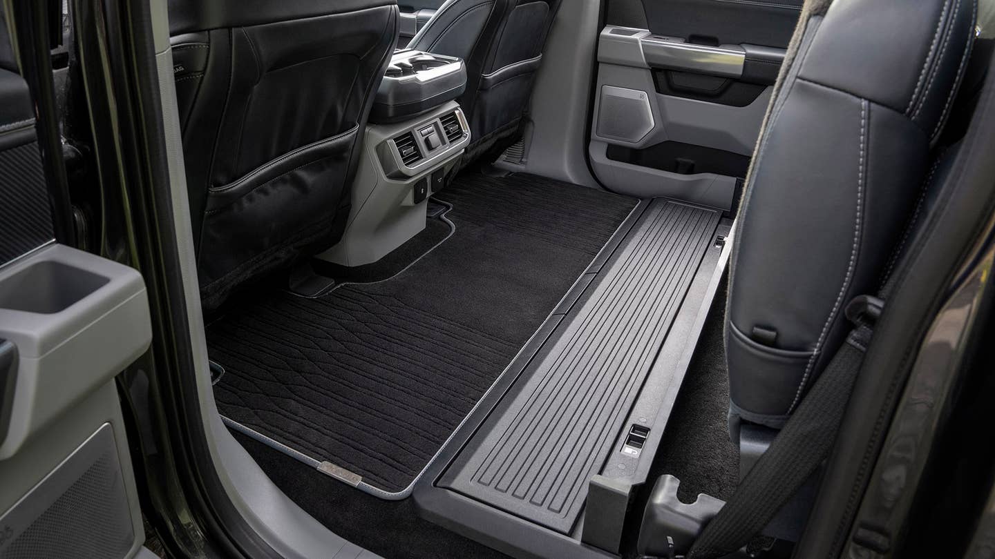 The Ford F-150's rear seat folds up to create a large floor space.