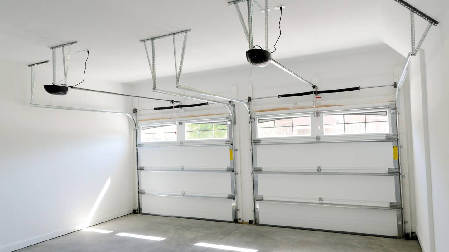 Inside a two-car garage. 