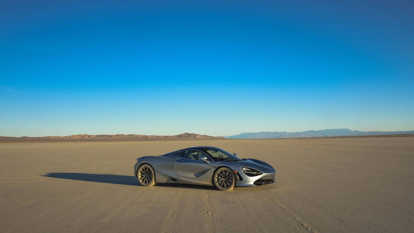 A twin-turbocharged McLaren 720S on El Mirage's dry lakebed.
