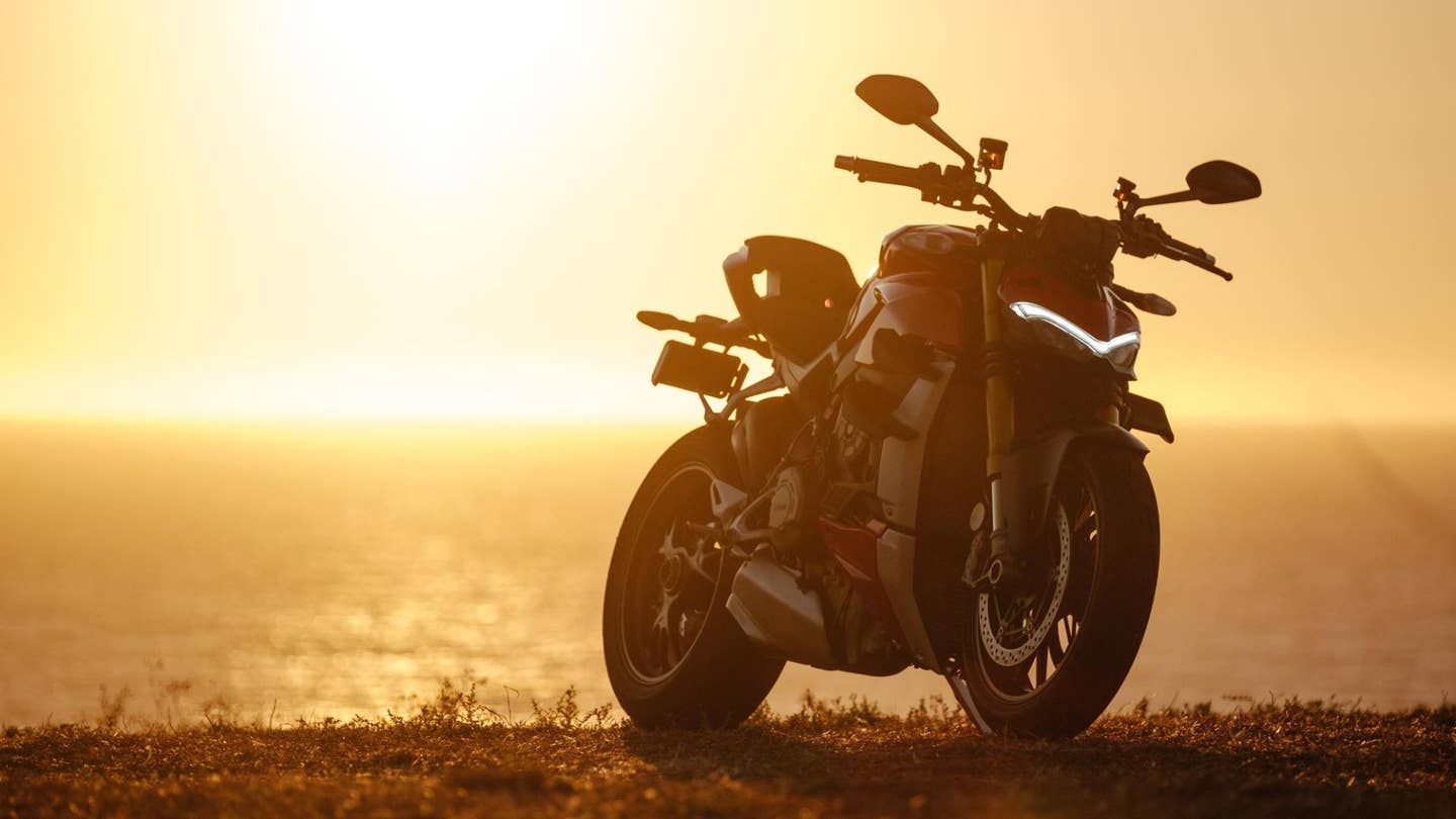 A 2020 Ducati Streetfighter V4S soaking the last rays of the sun.