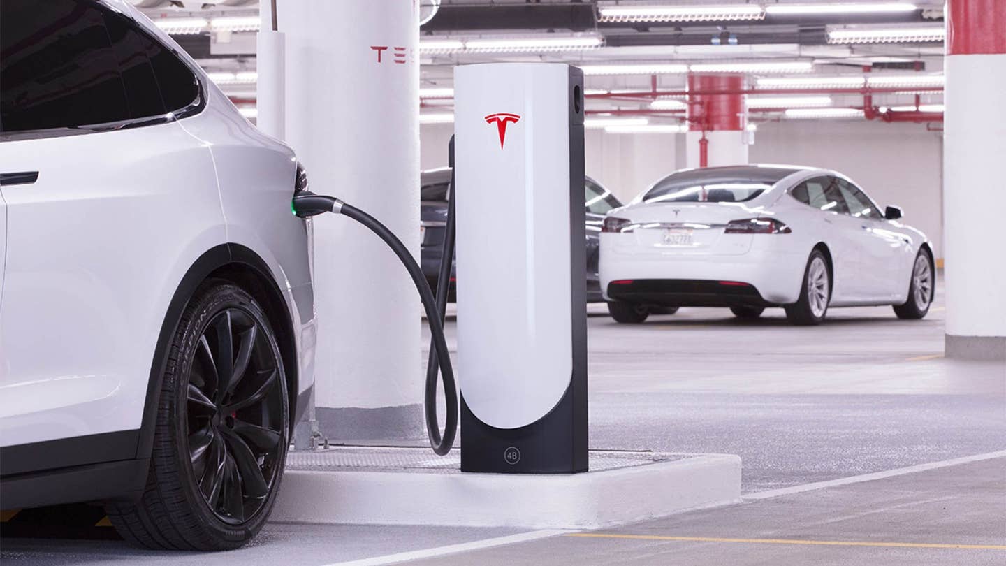 A Tesla Model X and Model S charging. 
