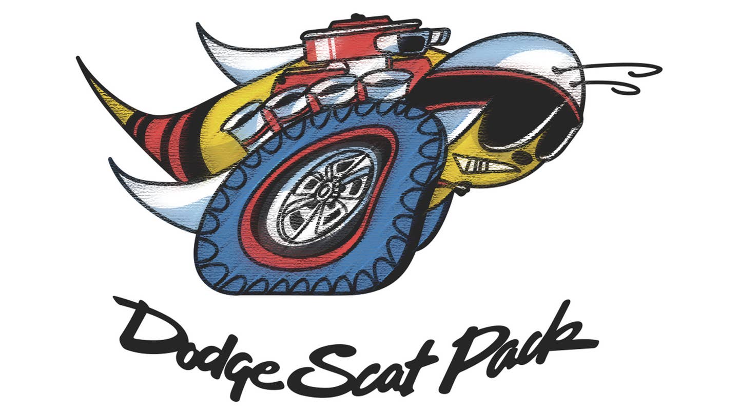 The Dodge Scat Pack bee features tires, engine parts, a helmet, and goggles as part of the design.