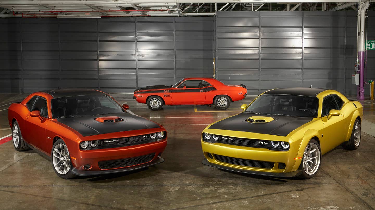 An assortment of Dodge Challengers.