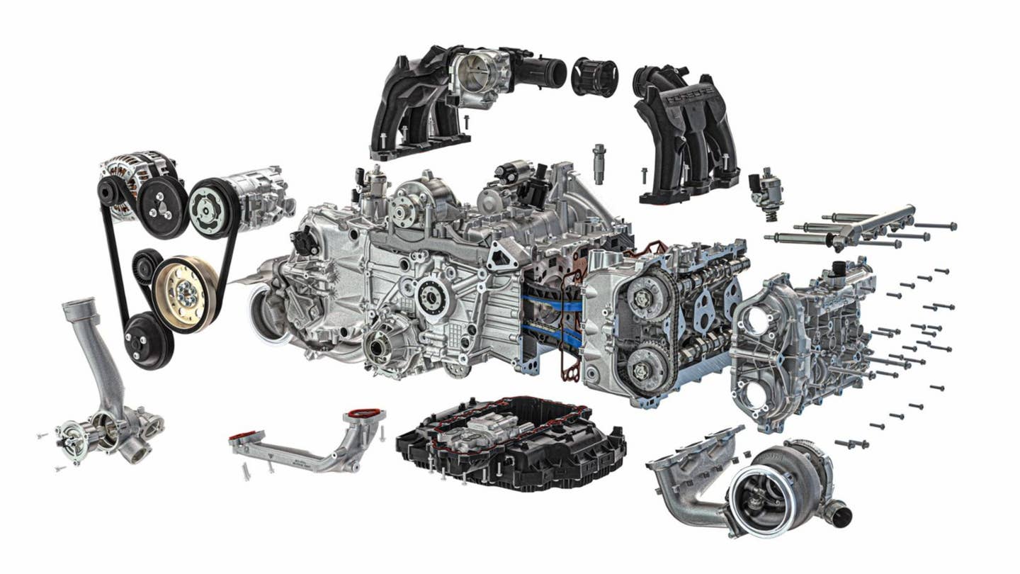 Parts of a Porsche 718 boxer engine are exploded to show its design.