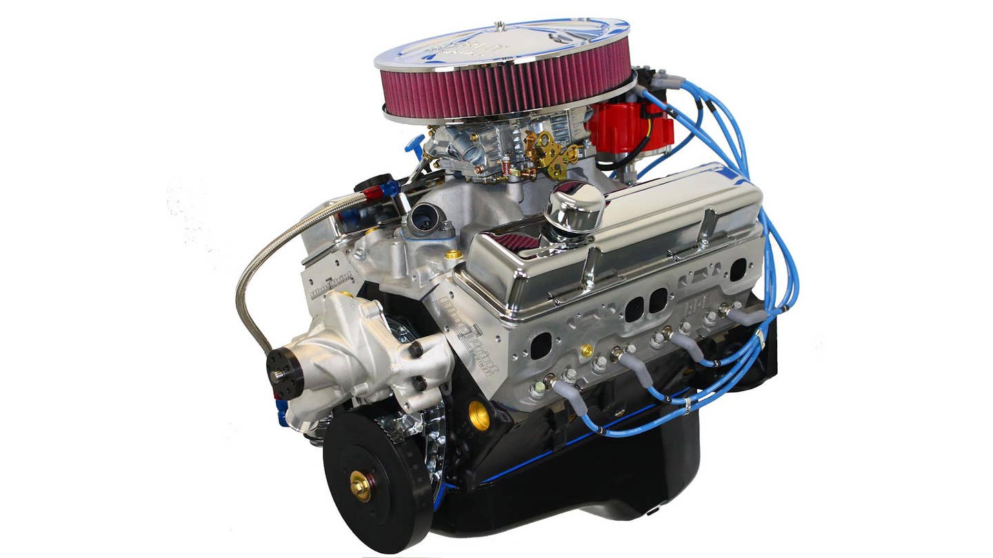 A fully dressed engine block is pictured against a white background.