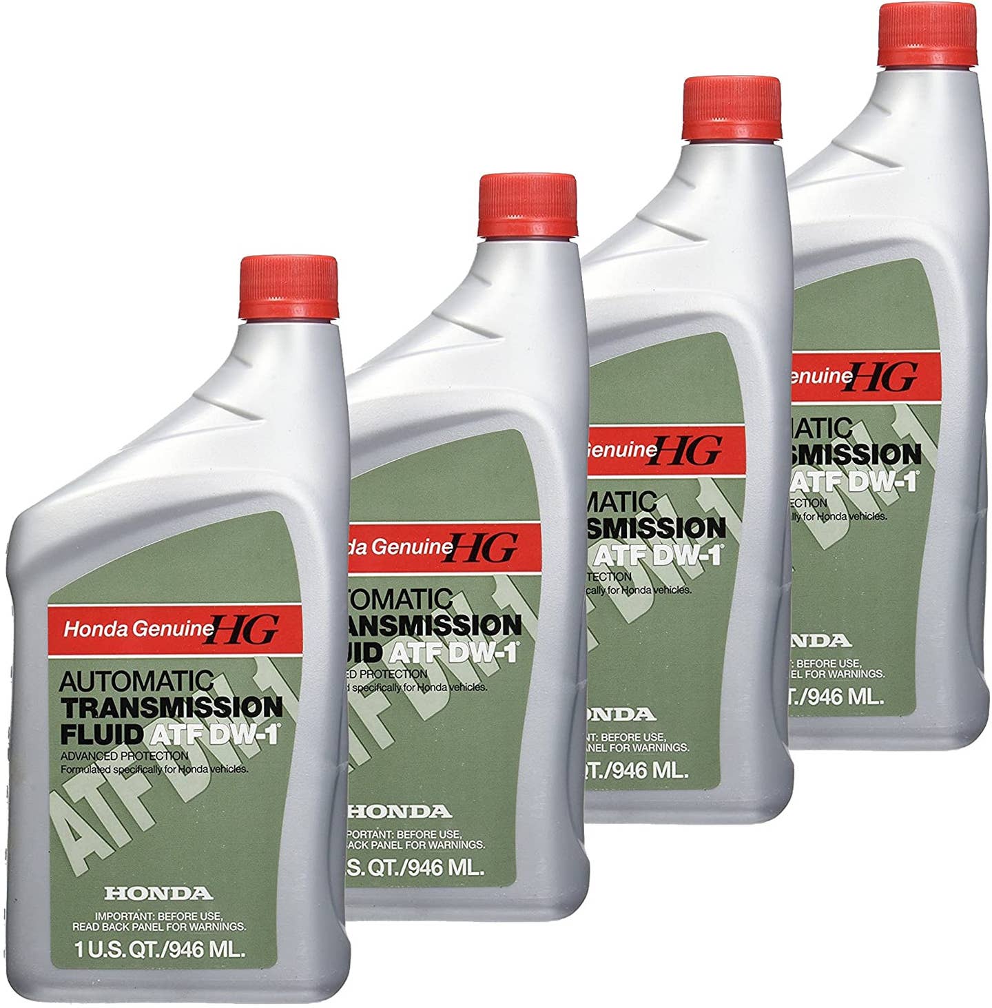 Four bottles of Honda Genuine ATF DW-1 are placed in a row.