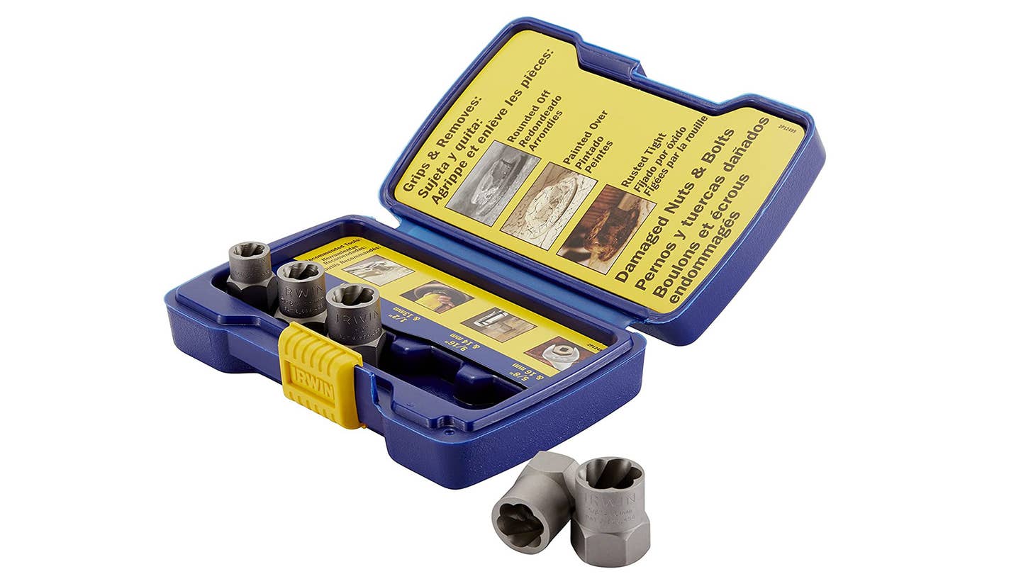 A 5-piece Irwin socket set in a blue and yellow case.