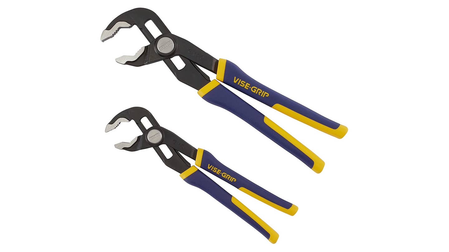 Two blue and yellow locking Vise-Grip pliers on a white background.