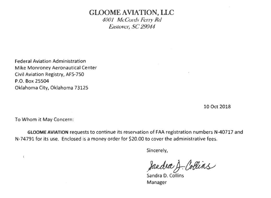 FAA VIA FOIA. A letter from Gloome Aviation to the Federal Aviation Administration to renew its reservation of the N-numbers N40717 and N74791 in 2018. Note the stationary with the Eastover, South Carolina address.