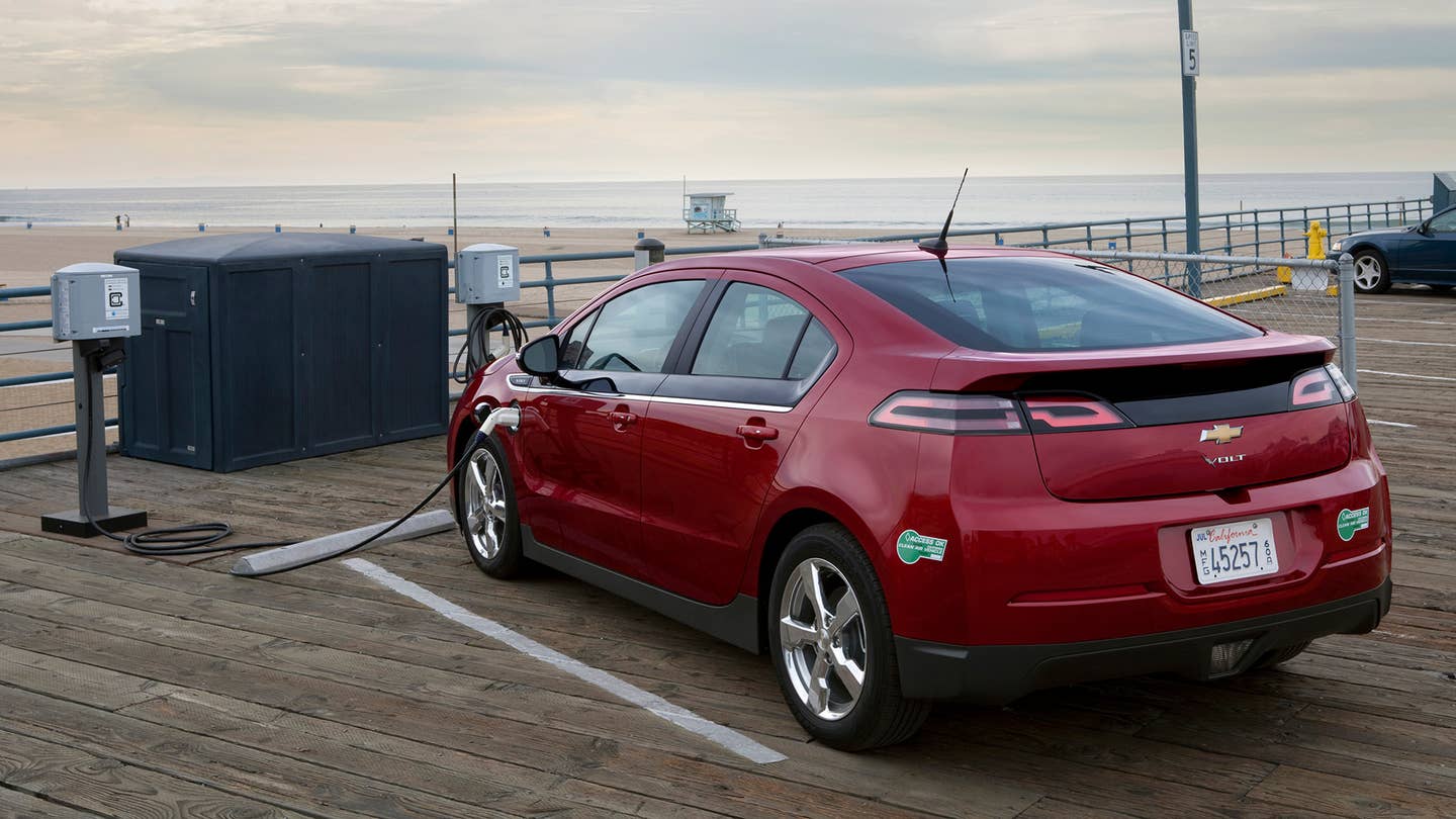 A Chevrolet Volt charging at the beach in California.