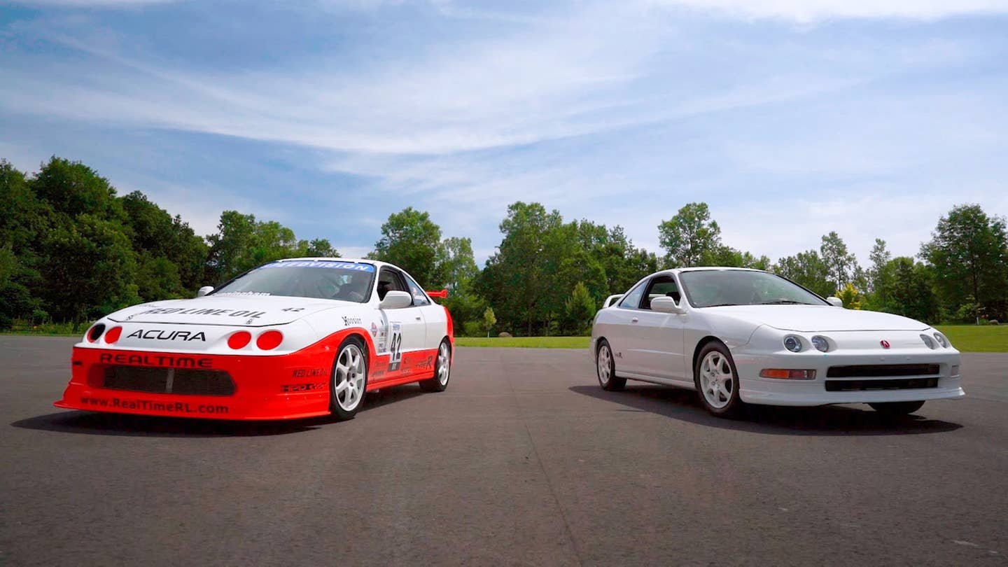 A Realtime Racing Acura Integra Type R next to a stock Integra Type R.