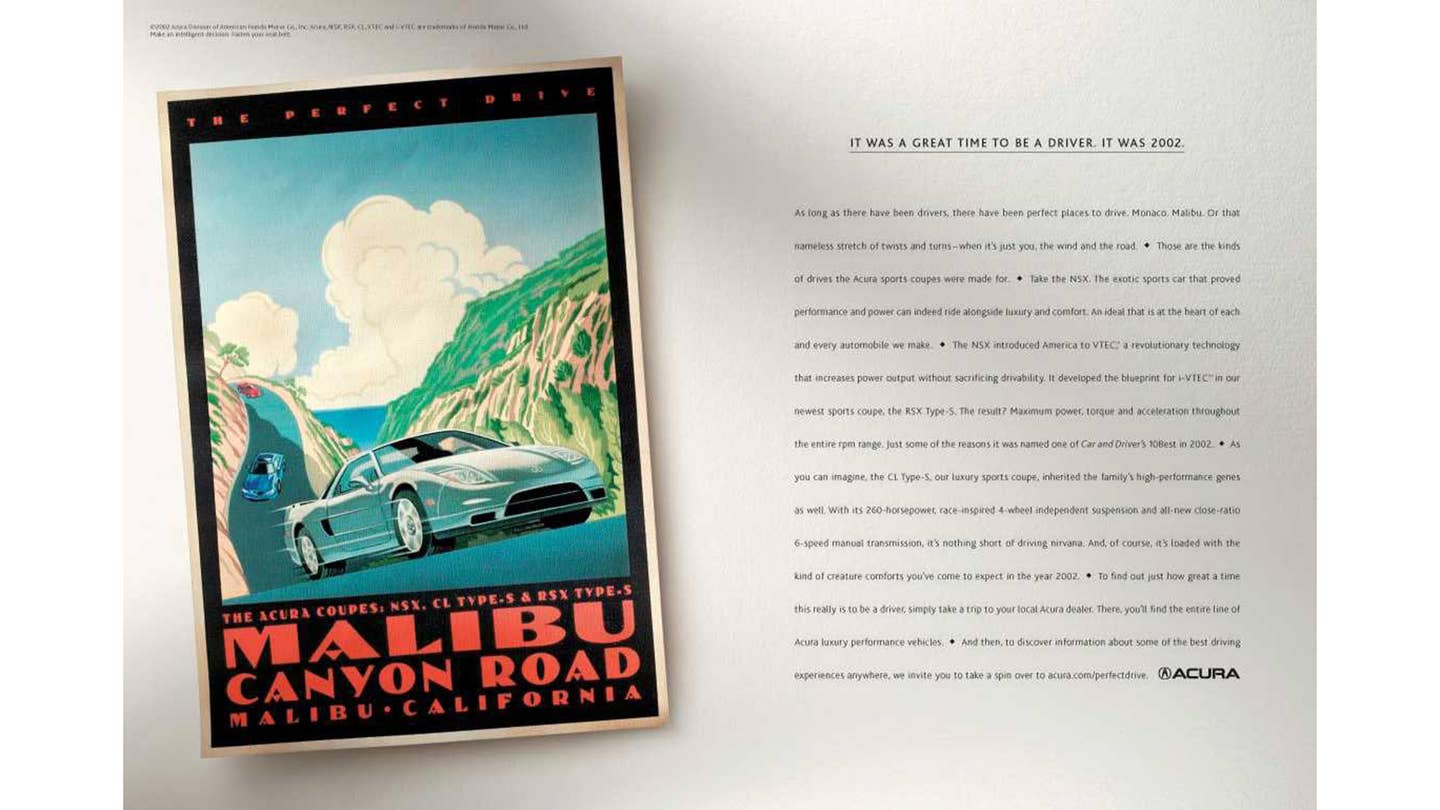 An Acura poster featuring the NSX on Malibu Canyon Road in California.