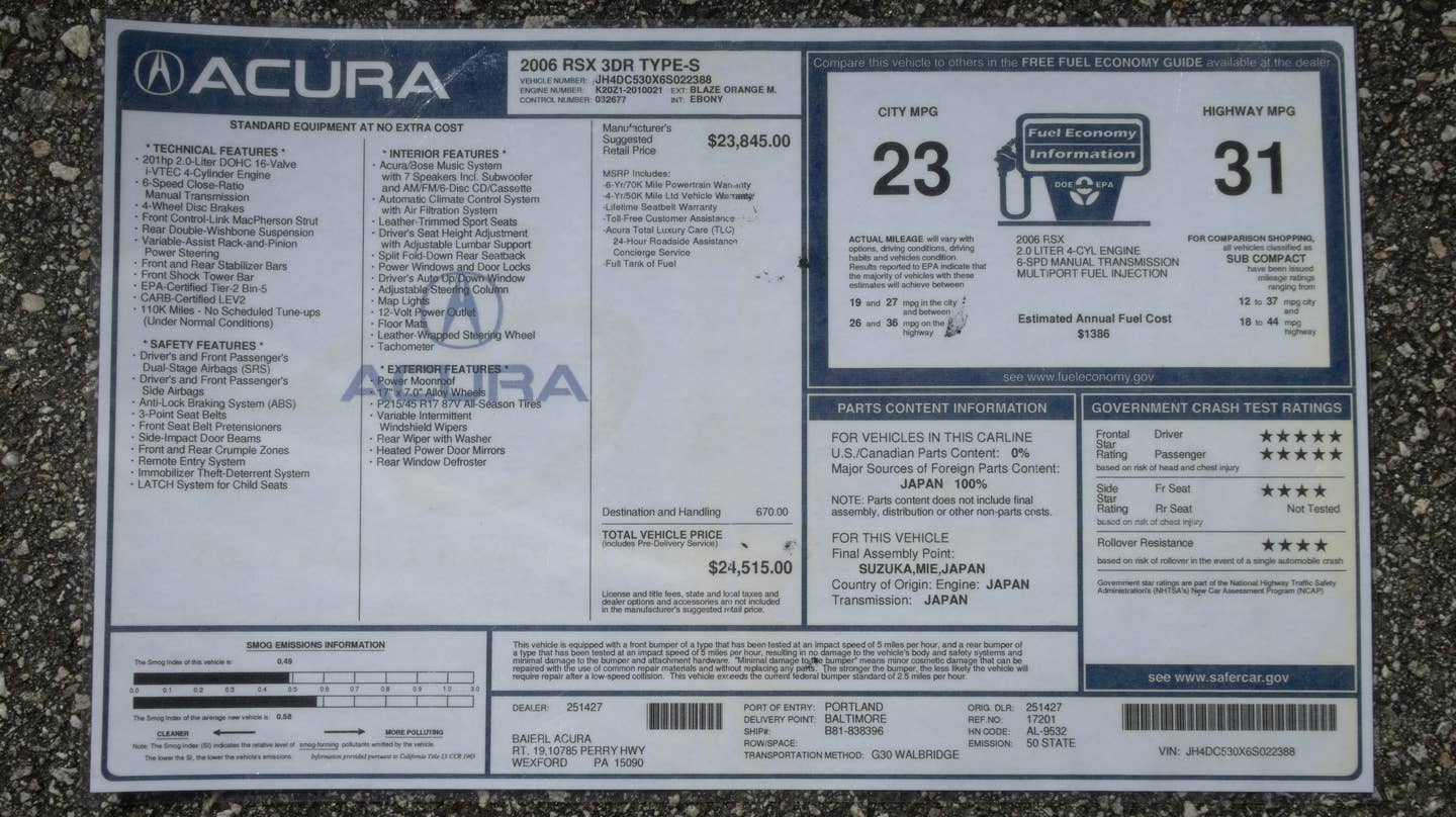 2006 Acura RSX Type-S Window Sticker MSRP