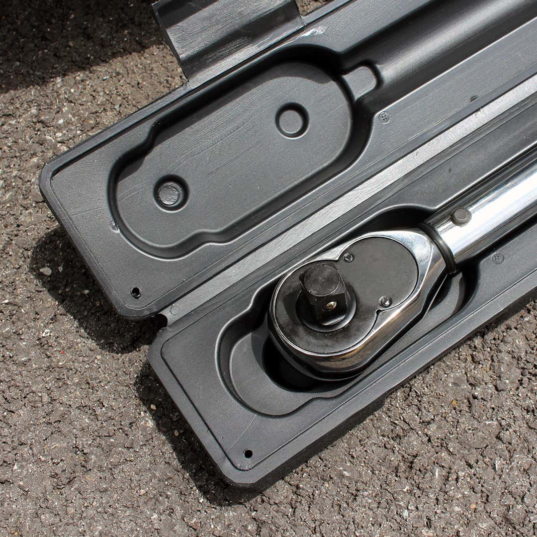 An up-close view of a 1/2-inch drive on a Husky torque wrench.