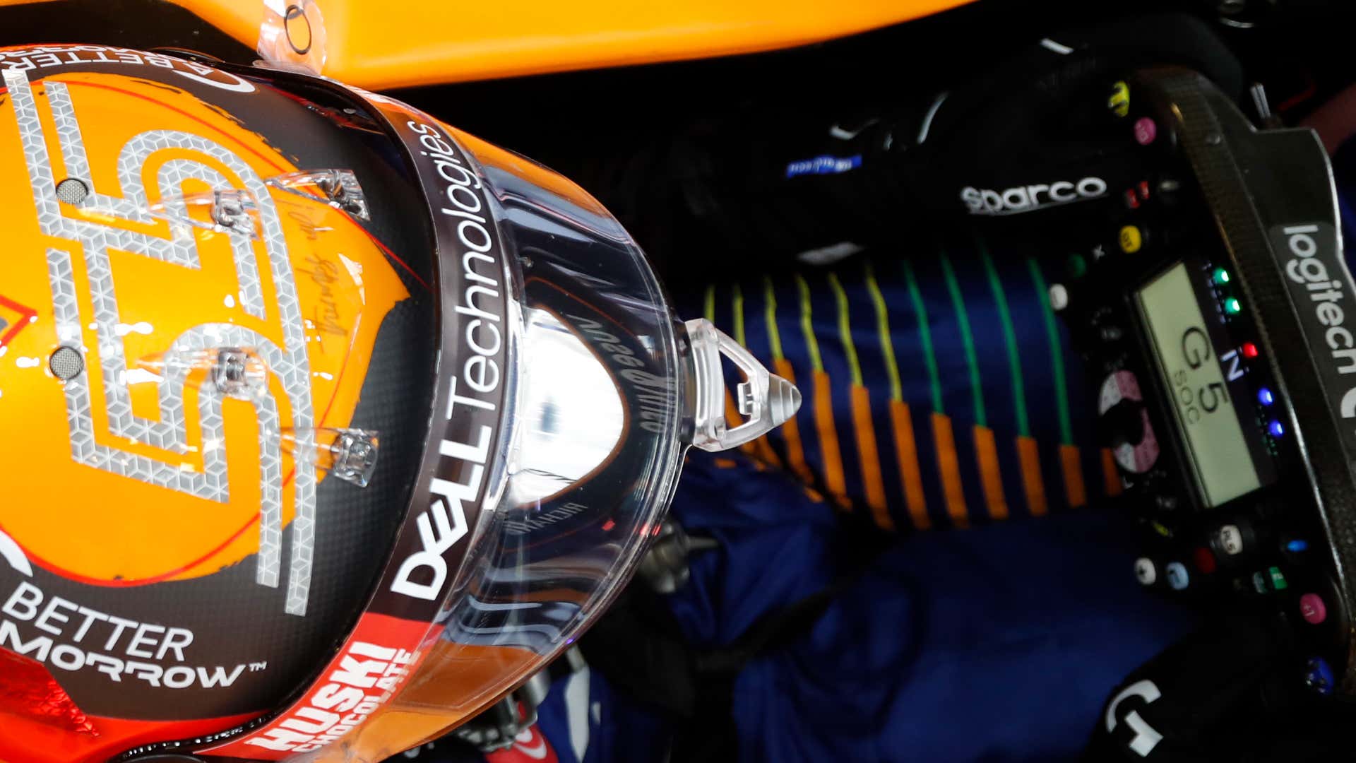 A closeup of McLaren's steering wheel.