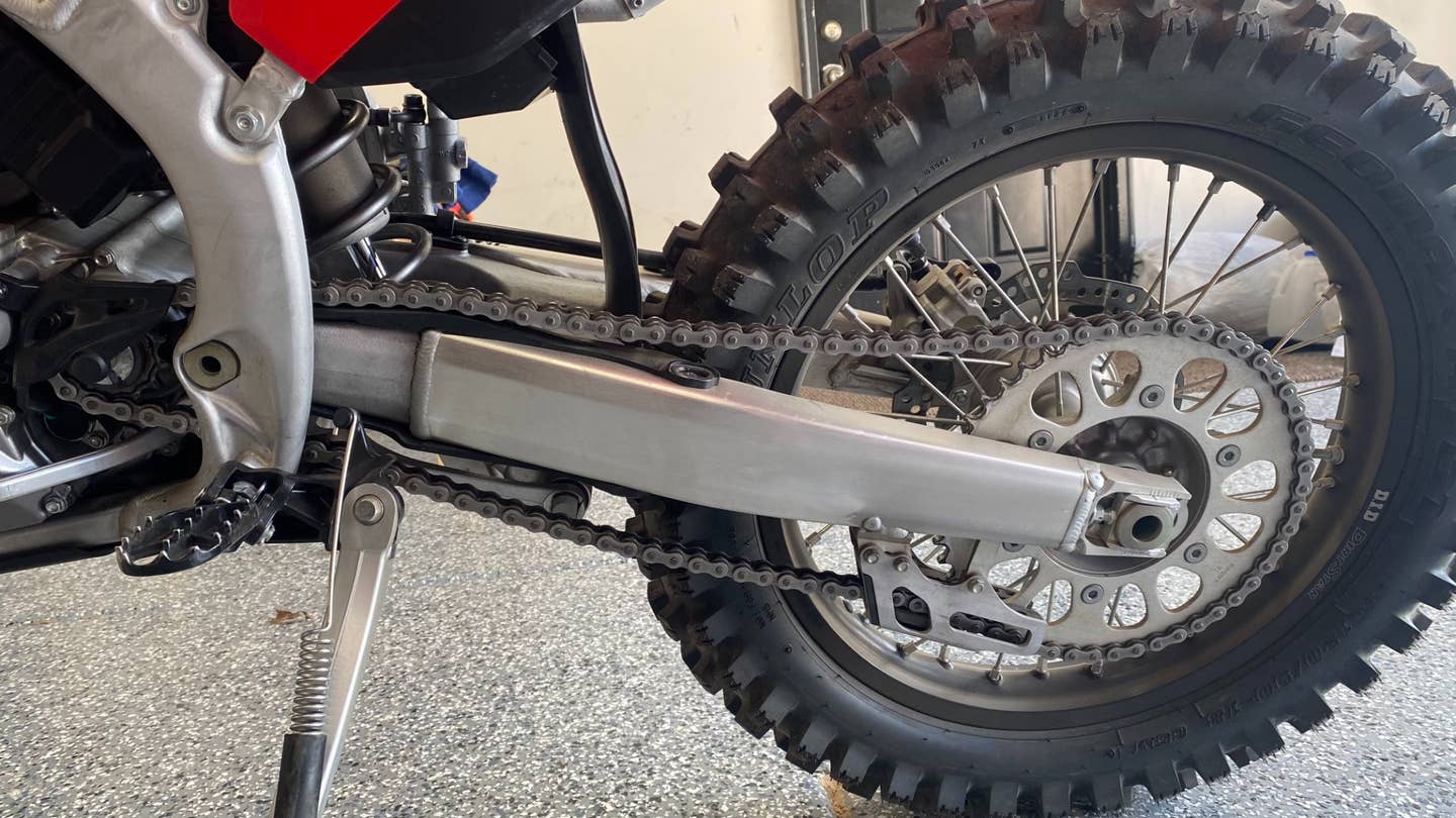 A view of an aluminum swingarm, which is lightweight and strong.