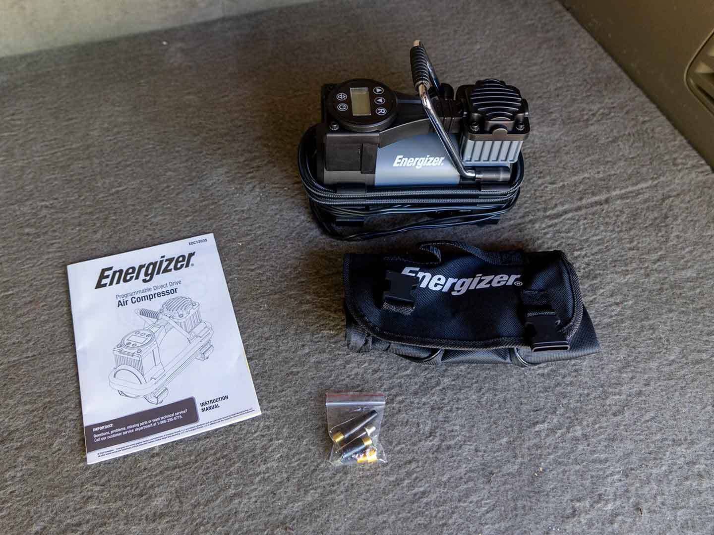 The Energizer's adapters, bag, and instructions. 