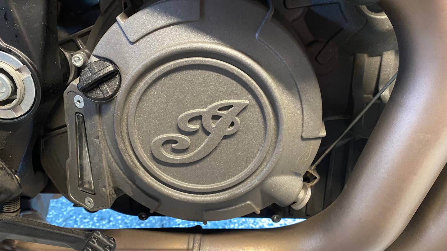 The 2021 Indian Motorcycles FTR1200's engine case and oil cap.