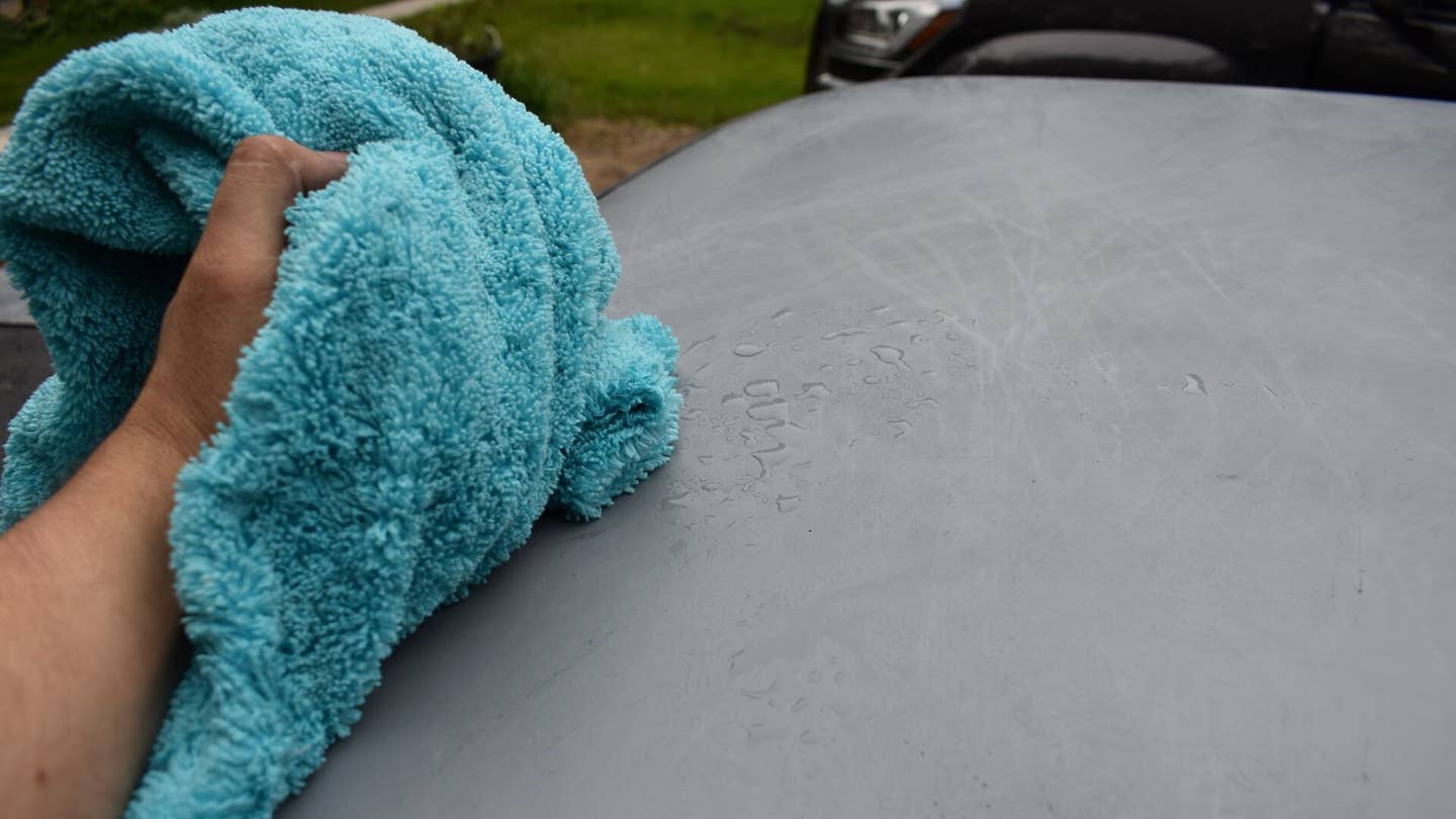 A microfiber towel used on the roof of a car.