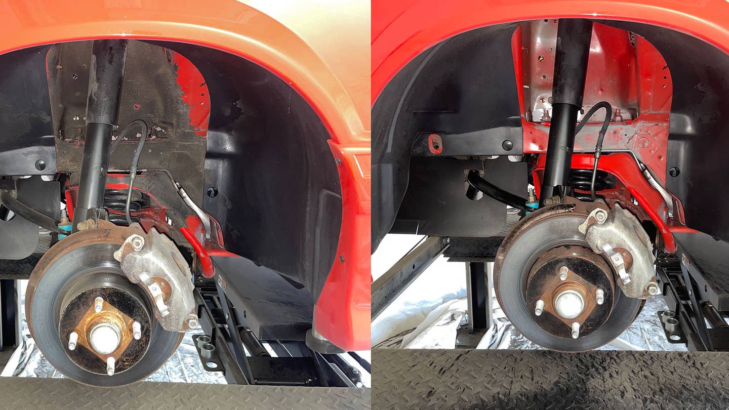 Two side-by-side images of the wheel well of a car before and after dry ice cleaning.