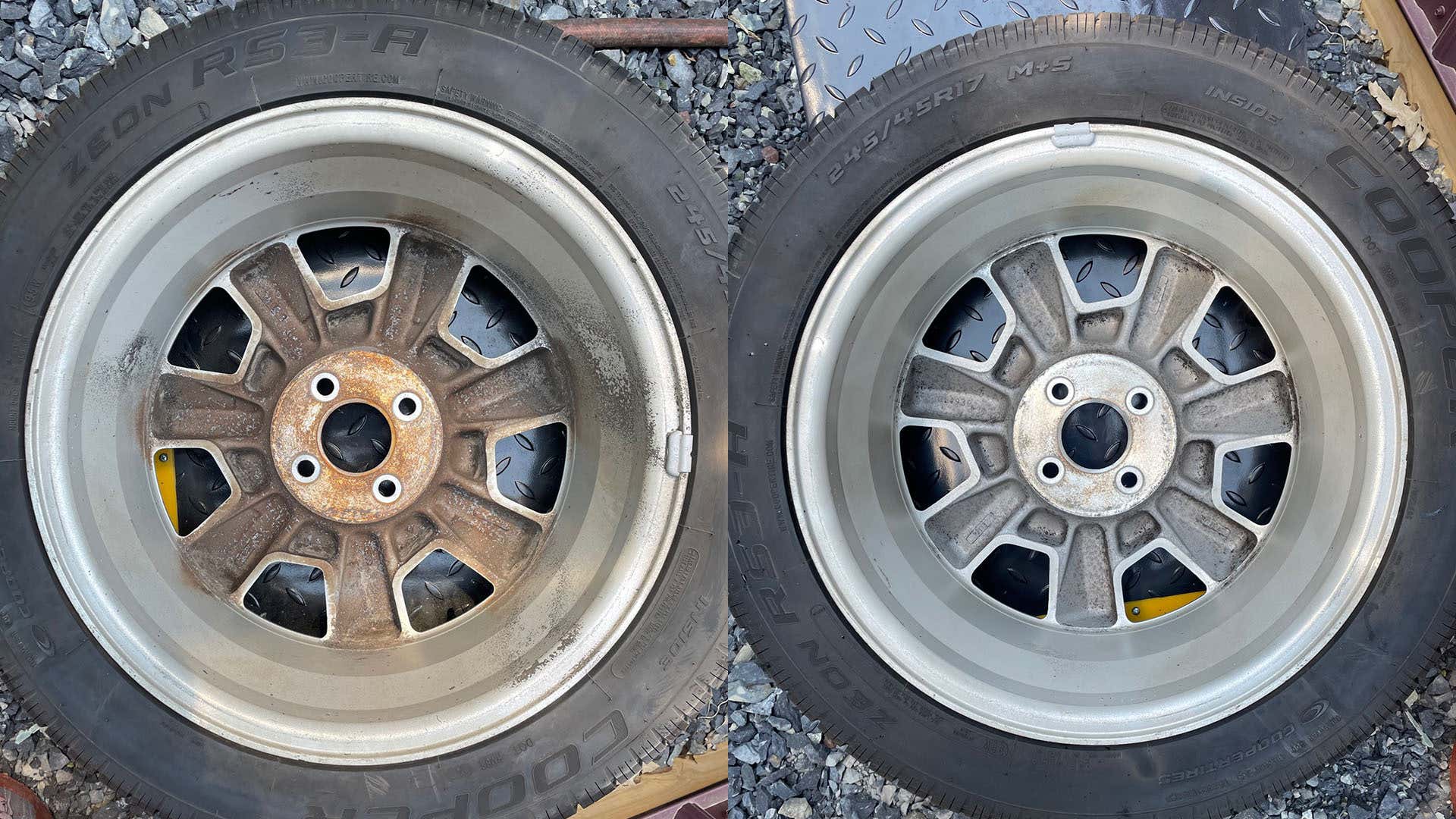 Two side-by-side images of a car's wheel before and after dry ice cleaning.