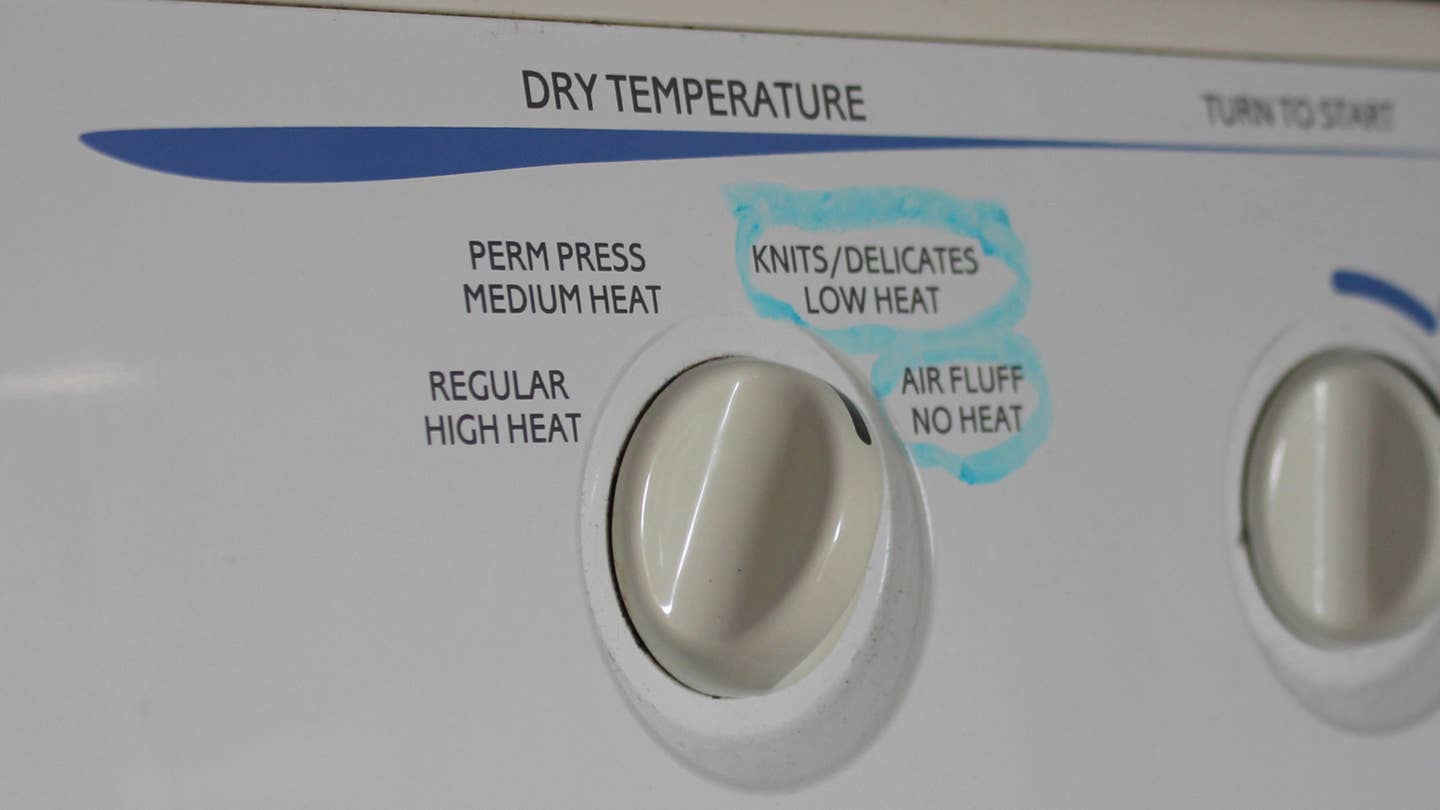 A dryer dial that shows high, medium, low, or no heat settings.