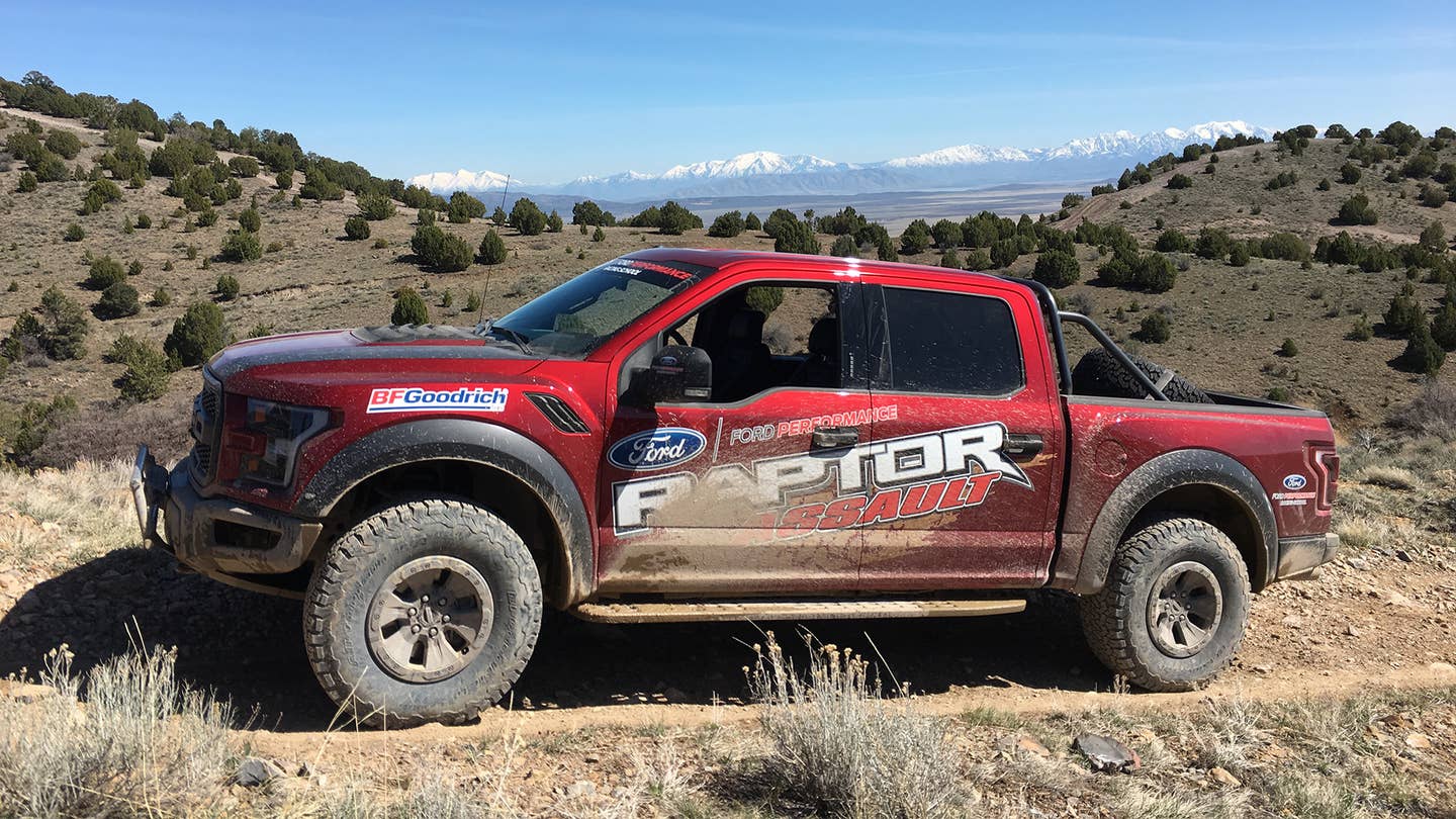 A Ford F-150 Raptor off-roads in the mountains of Utah.