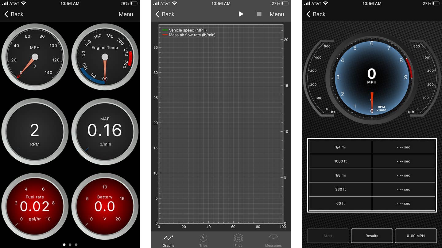 Digital gauges in the OBDLink MX+ smartphone app.